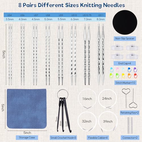BsHooker Interchangeable Square Knitting Needles Set with Case 3.5mm-8mm | 8 Pairs Circular Aluminum Knitting Needles,4 Cables,Ergonomic Needles Kit