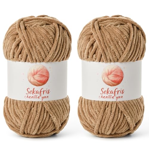 2 Pack Chunky Chenille Yarn for Crocheting, Baby Yarn for Crocheting Soft Blanket, 174.9 yds /7 oz Crochet Yarn, Bulky 5 Amigurumi Yarns, Fluffy Velvet Yarns for Knitting Crafts (2 Deep Khaki) - color: 2 Deep Khaki