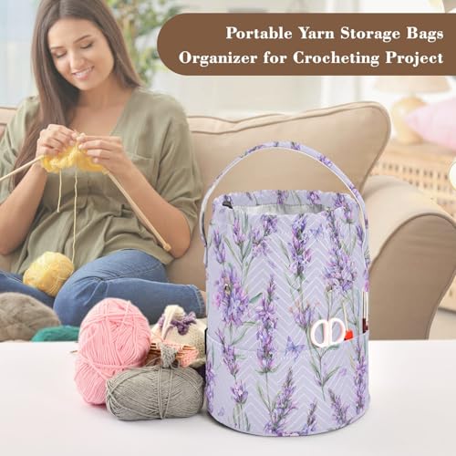 Fustylead Watercolor Vintage Lavender Flowers Knitting Crochet Bag, Portable Large Yarn Storage Drawstring Basket Organizer for Crocheting Hooks, Project, Store Skein Ball, Short Knitting Needle - color: Purple02 Lavender