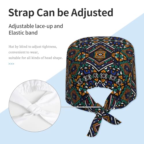 MOLIAN Dental Tooth Adjustable Working Cap Surgical Headgear for Women Men | Adjustable Tie Back Scrub Caps with Button Built-in Sweatband Working Cap for Nurses Doctors and Workers - color: Aztec Boho Print