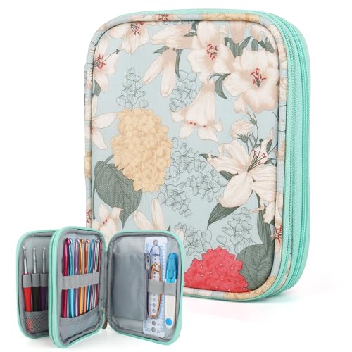 Katech Crochet Hook Case- Empty Hook Holder w/Zippe Pocket-Light Blue | Travel Crochet Hook Organizer for Crochet Lovers with Web Pocket and Holder Slots for Portable Carrying Various Accessories - color: Light Blue