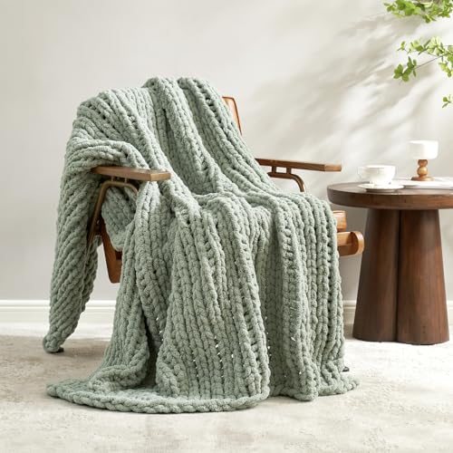 Chenille Chunky Knit Throw Blanket for Couch 50"x60", Sage Green | Handmade Chenille Crochet Throw for Sofa Bed, Thick Cable Knitted Blankets for Room Home Decor, Birthday Gift for Women - color: Sage Green, size: 50"x60"