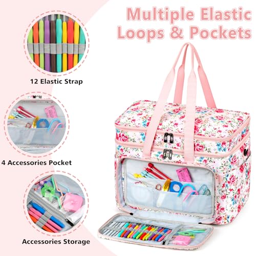 Crochet Organizer Bag with Yarn Holder, Large Yarn Storage for Accessories | 3PCS Crochet Knitting Bag with Accessory Pouch for Hooks, Needles, Travel Tote, Crochet Lovers, Gift for Crafters, No-Tangle - color: Pink