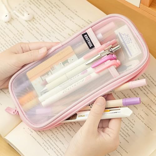 EASTHILL Grid Mesh Pen Pencil Case with Zipper Clear Makeup Color Pouch Cosmetics Bag Multi-Purpose Travel School Teen Girls and Boys Transparent Stationary Bag Office Organizer Box for Adluts(Pink) - color: Pink