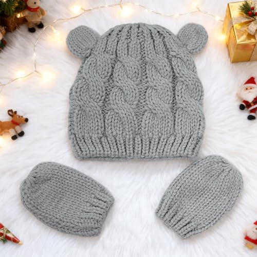 Baby Winter Hat Mittens Set Knitted Beanie Gloves for Baby Girls Boys Newborn Infant Toddler Autumn Winter - color: Gray