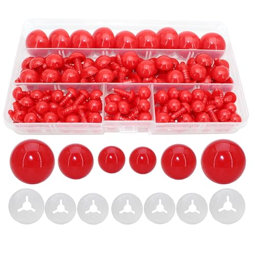 Thalinfayi 200pcs 10/15/24mm Safety Eyes and Washers for Amigurumi Crochet | Red Plastic Crochet Craft Eyes for Stuffed Plush Animals, Crafts, Crochet Doll DIY Making Supplies ; Neatly Sorted by Size - color: Red