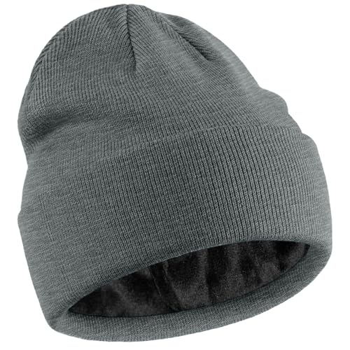 Fleece Lined Wool Beanie Hat Men Women, Warm Cuffed Winter Cap | 50% Wool Thermal Knit, Soft Velvet Fleece Liner, Long Style Full Ear Cover Warm Watch Cap, Tall Roomy Crown Skull Cap - color: Light Gray