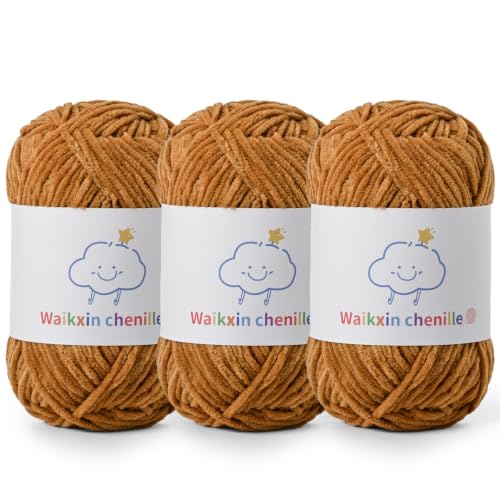 Skinny Chenille Yarn for Crocheting, 3 Pack of 1.75 oz/109 yds Amigurumi Yarn&Baby Yarn for Crocheting Soft, Fluffy Fingering Weight Velvet Yarn for DIY Crafts&Baby Blankets.(3 Light Tan) - color: 3 Light Tan