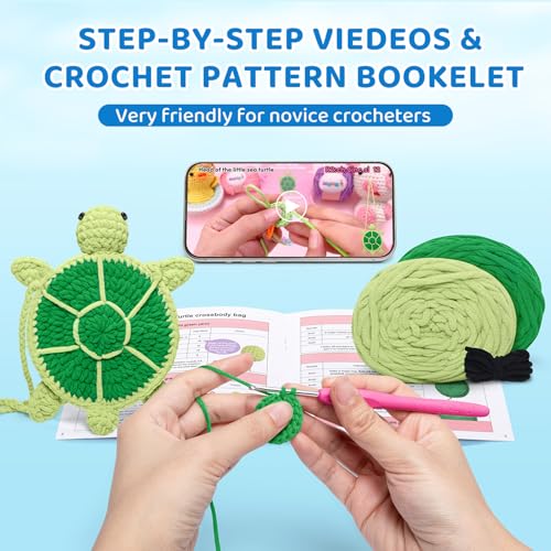 Mewaii Turtle Crossbody Bag Crochet Kit for Beginners, 40% Extra Yarn | Video Tutorial, Pre-Started Piece, Gift Box, Level 1 Starter Kit, Family Craft for Adults, Kids & Beginners - color: Dark Green