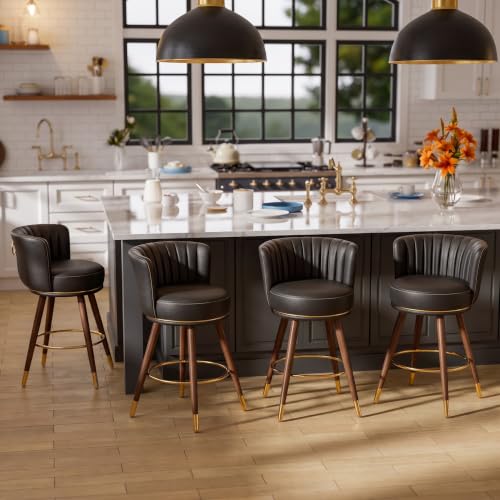24 Inch Black Leather Swivel Counter Bar Stools Set of 4 | Upholstered pleated backs, wood legs, gold footrests, 300lbs capacity swivel chairs for home kitchen islands - color: Black, size: 24" Counter Height-4 Pieces