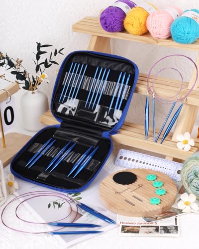 Aeelike 13 Pair Interchangeable Circular Knitting Needles 3-10 mm, Blue | Aluminum Interchangeable Knitting Needles with 4 Cables, Smooth Complete Needles Set for Socks Blankets Sweaters, Ideal Gift - color: Dark Blue