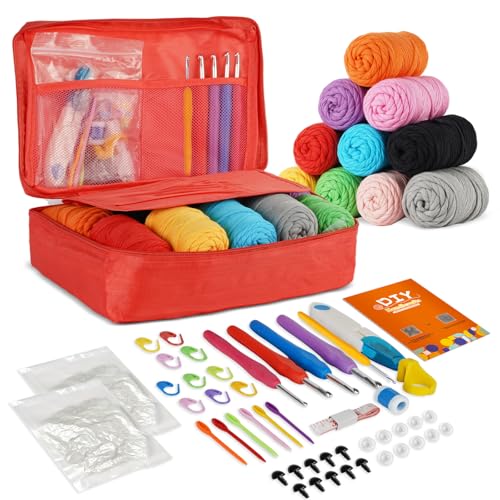 iptek Crochet Kit for Beginners Adults，Crochet Yarn for Beginners, 10colors Total Crochet Yarn Kits with Easy-to -See Stitches，Includes Basic Stitch Guide and extensive amigurumi Video tutorials. - color: red