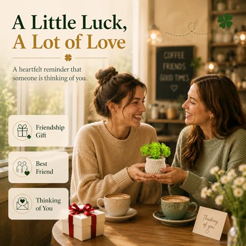 Handmade Crochet Plant Four Leaf Clover Flower Pot for Thank You | A heartfelt handmade gift that brings happiness, friendship, and warm wishes. Perfect for mom, friend, and thinking of you. - color: Clover-white Pot