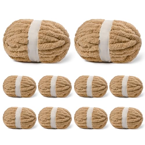10 Pack Khaki Fuzzy Chunky Yarn for Hand Knitting, Bulky Thick Fluffy Chenille Yarn for Crocheting, 240yds/70.5oz Jumbo Crochet Yarns, Soft Chunky Knit Blanket Yarns for Crochet - color: 10 Khaki