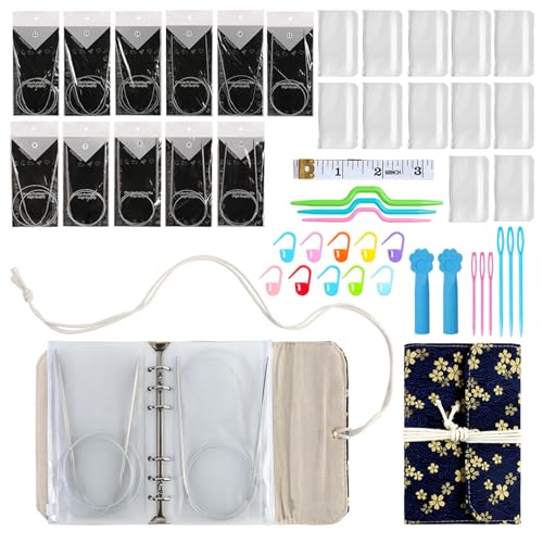 Circular Needle Organiser Bag with 12Pcs Removable Zippered PVC Binder Pocket Portable Knitting Needle Case for Sewing