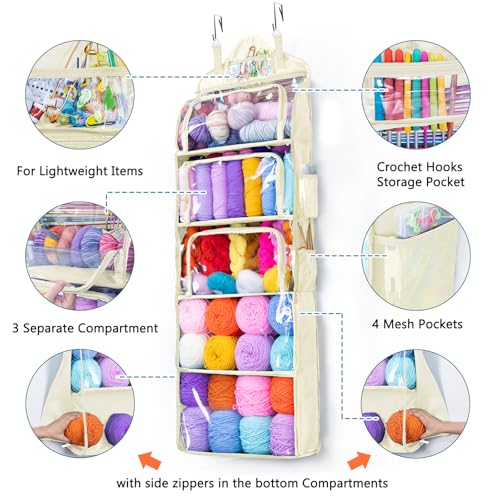 MYBAGZING Hanging Yarn Storage Organizer –Over-The-Door Crochet Organizer with Both Front and Side Zipper Closure -Large Capacity Clear Yarn Holder for Crochet Hooks, Knitting Needles & Accessories - color: Ivory