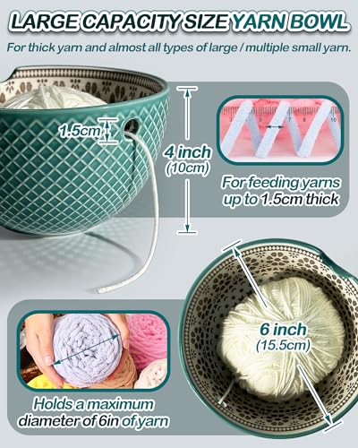 UCDRMA Yarn Bowl for Crocheting Large Yarn Holder Bowl, Round Crochet Bowl Ceramic Yarn Knitting Bowl for Bulky/Acrylic Yarn, Easy-to-use Knitted Yarn Storage Bowl, Great Knitting Crochet Gift - color: Green