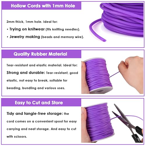 Hollow Rubber Tube Cord 54 Yards 2mm Purple Rubber Saver with 1mm Hole | Tubing Knitting Barber Cord Stitch Keeper Hollow Rubber Pipe with Spool for Knitting Projects Jewelry Making Bead Creations - color: Purple