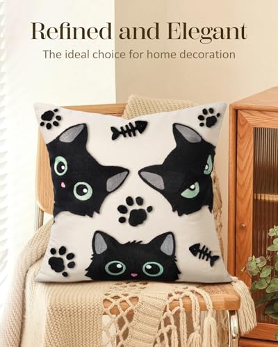 Embroidered Throw Pillow Cover 18x18 Inch, Cat Bone | Decorative Pillow Cover, Whimsical Cushion Case with Hidden Zipper, Cottagecore Decor for Couch, Sofa, Living Room, Bedroom - color: Cat Bone, size: 18" x 18" (Pack of 1)