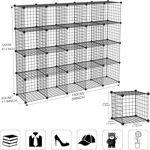 Wire Storage Cubes, Metal Storage Shelves Bookshelf, Stackable Modular Closet Organizer for Bedroom Living Room, Office, Black (20-Cube, Iron) - color: Iron, size: 20 Cubes