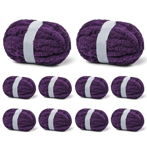 10 Pack Deep Purple Fuzzy Chunky Yarn for Hand Knitting, Bulky Thick Fluffy Chenille Yarn for Crocheting, 260yds/70.5oz Jumbo Crochet Yarns, Soft Chunky Knit Blanket Yarn for Crochet - color: 10 Deep Purple