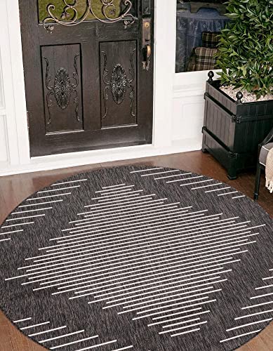 Unique Loom Outdoor Modern Collection Area Rug - Tambor (10' 8" Round, Charcoal Gray/ Ivory) - color: Charcoal Gray/Ivory, size: 10'8" (Round)
