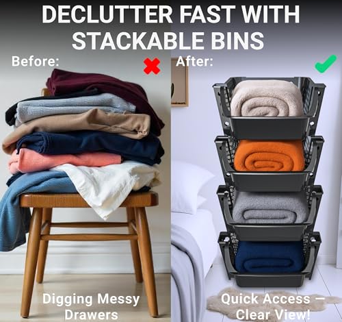 Skywin Stackable Storage Bins Open Front for Pantry Storage, 4 Pack - Black | Sturdy Plastic, Easy Stacking, Breathable & Open Front Design, Pantry Storage for Snacks, Toiletries, and Small Essentials - color: Black