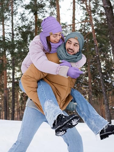 LOROME Winter Beanie Hat Scarf Gloves, Warm Fleece Knit Neck Scarf Set Gift | Hats Gloves Scarf Set, Touchscreen Gloves, Universal Size Neck Scarf Set Winter Gifts for Unisex Adult Winter Wear - color: Violet