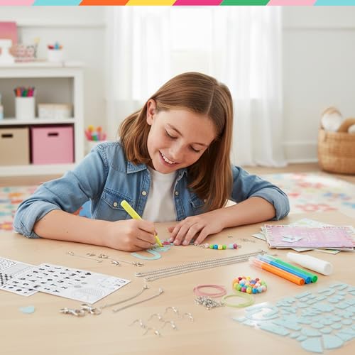 Bright Stripes Shrinkadoo Jewelry Making Kit for Kids and Teens, Ages 8+ | Includes 90 precut shrink plastic pieces, markers, chains plus findings, a fun creative accessory gift idea suited to girls - color: Multicolor, style: Jewelry Making Kit