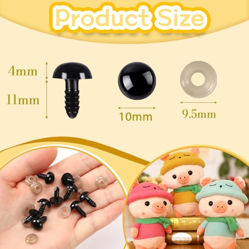 UPINS 600pcs 10mm Black Safety Eyes with Washers for Amigurumi Crochet Doll | 10mm Plastic Craft Eyes with Washers, Amigurumi Doll, Stuffed Animal, DIY Crafts Making Supplies - size: 10MM