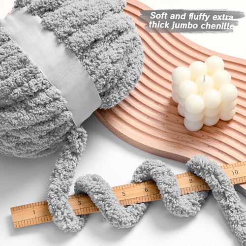 10 Pack Light Gray Fuzzy Chunky Yarn for Hand Knitting, Bulky Thick Fluffy Chenille Yarn for Crocheting, 240yds/70.5oz Jumbo Crochet Yarns, Soft Chunky Knit Blanket Yarn for Crochet - color: 10 Light Gray