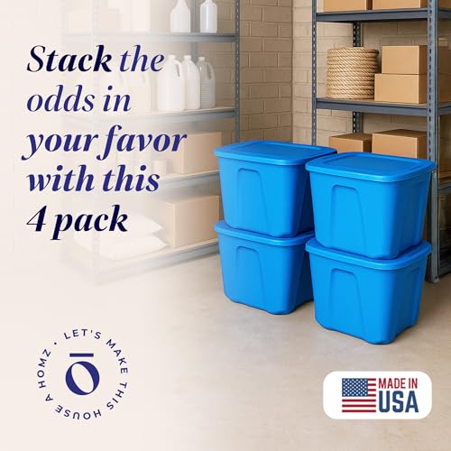 HOMZ 4-Pack Durable Molded Bin, Plastic Storage Containers w/Lids, 10 Gallon, Blue - Stackable Organizer Totes and Boxes for Bedroom, Kitchen, and Garage Organization - color: Blue, size: 10 Gallon (4 Pack)