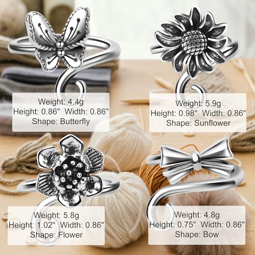 4 PCS Crochet Rings for Fingers Butterfly Flower Crown Bow Knot Sunflower Adjustable Yarn Tension Ring Knitting Accessories Crochet Gifts for Crocheters - color: Garden Romance Crochet Rings Set