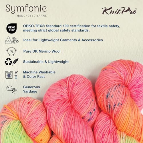 KnitPro Symfonie DK Weight Merino Wool Yarn 240yds, 100g, Galaxy Glow | 100% Extrafine Merino, Hand Dyed, OEKO-TEX Certified, Superwash, Colorfast, #3 Yarn Skein for Knitting & Crochet - color: Galaxy Glow