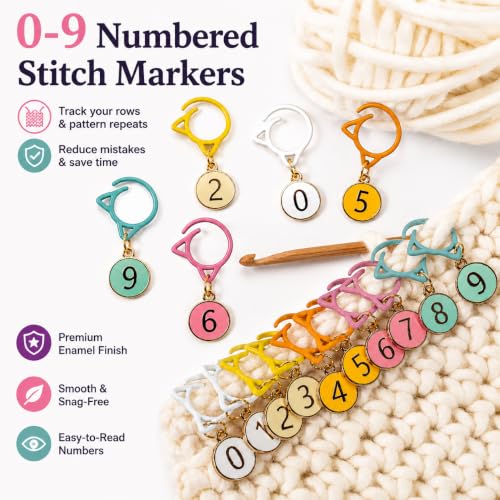 20 PCS Numbered Stitch Markers, Cat Crochet Markers 0-9 | Count rows and track patterns easily with cute enamel markers and clear numbers for crochet and knitting projects. - color: Purple and Green