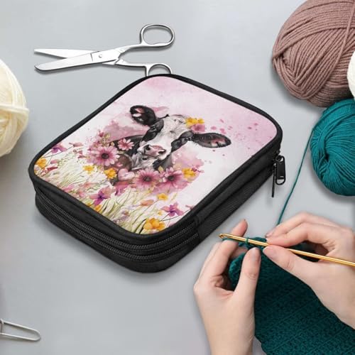 Cow Crochet Hook Case Lightweight Flower Crochet Organizers and Storage Soft for Travel Outdoors Home Easy to Carry - color: Cow Flower