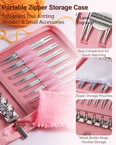 Interchangeable Circular Knitting Needles Set with Stylish PU Binder Organizer Bag 12 Pairs Aluminum Needles & 378 PCS Accessories US Size 4-17 (3.5mm-12mm) Large Needle Sizes