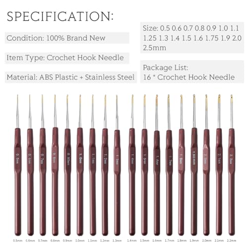 16Pcs Lace Crochet Hooks Set 0.5mm-2.5mm, Ultra Fine Stainless Steel Crochet Hook Needles with Ergonomic Plastic Handle for DIY Sewing Craft