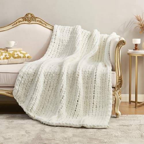 Amélie Home Chenille Chunky Knit Throw Blanket for Couch 50"x60", Ivory | Handmade Chenille Crochet Throw for Sofa Bed, Thick Cable Knitted Blankets for Room Home Decor, Birthday Gift for Women - color: Ivory, size: 50"x60"