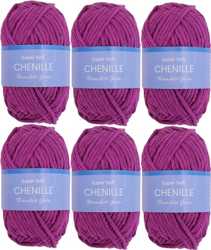 ThreadArt 6 Pack Chenille Yarn for Crochet, #5, Magenta 20 | Super soft plush chenille yarn for crochet, knitting, amigurumi, blankets and toys. Fluffy #5 weight, 50g/60yd skeins. - color: MAGENTA, size: 6 PACK