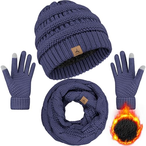 LOROME Winter Beanie Hat Scarf Gloves, Warm Fleece Knit Neck Scarf Set Gift | Hats Gloves Scarf Set, Touchscreen Gloves, Universal Size Neck Scarf Set Winter Gifts for Unisex Adult Winter Wear - color: Denim Blue