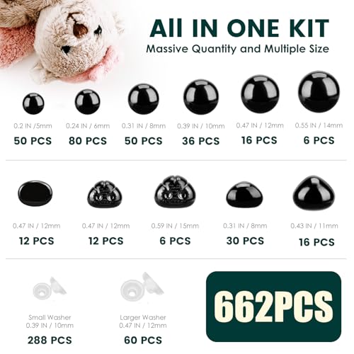 662Pcs Safety Eyes and Noses for Amigurumi, Junreox Preimum 5-14mm Safety Eyes for Crochet Stuffed Animals, Assorted Plastic Crochet Craft Eyes with Washers for Teddy Bear, Dolls, Plushies Toys, Black