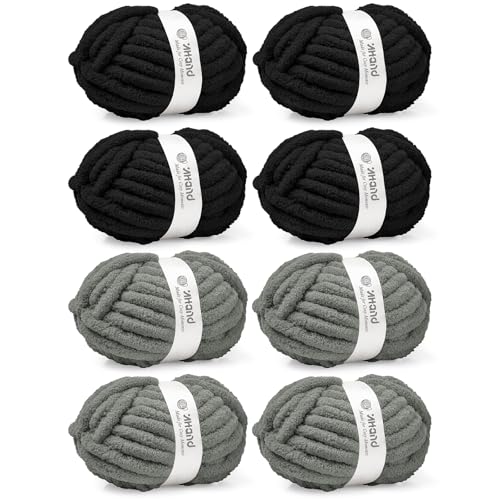 Inhand Chunky Chenille Yarn for Hand Knitting, Thick Bulky Blanket Yarn for Crocheting, Soft Fluffy Yarn for Crochet Gifts & Crafts for Women/Beginners,8 Pack (29.5 yds/8.4 oz Each), Black & Gray-Mix - color: Black & Gray-Mix, size: 8 Pack