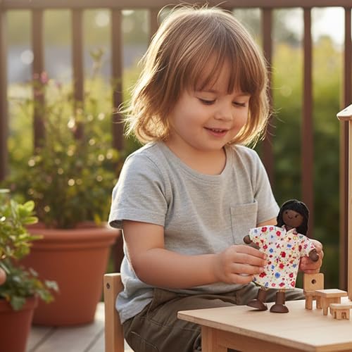 PlanToys® Mother Poseable Wooden Dollhouse Figurine 1:12 Scale 5-Inch Doll | mom character, doll house people accessories, bendable arms, kids pretend play, girls montessori learning gift 3+ for boys - color: African American Mom