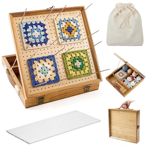 Fiwochic 12" Crochet Blocking Boards with Storage Drawer and Pegs for Crochet Projects, Granny Square Bamboo Blocking Board, Crocheting Accessories Gifts for Grandmothers, Crocheters