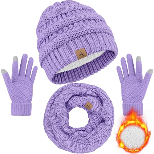 LOROME Winter Beanie Hat Scarf Gloves, Warm Fleece Knit Neck Scarf Set Gift | Hats Gloves Scarf Set, Touchscreen Gloves, Universal Size Neck Scarf Set Winter Gifts for Unisex Adult Winter Wear - color: Violet