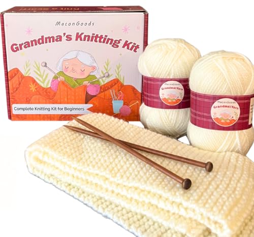 MaconGoods Grandma's Knitting Kit - Complete Knitting Kit for Beginners - Includes Beginner Yarn, Bamboo Needles, Video Tutorial, and Written Guide & More - Easy Learn to Knit Kit - style: Standard