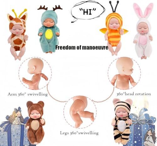SwankyStyle 6 Pcs Mini Baby Dolls 4 Inch Gift Set, Cute Small Baby Doll Toys with Animal Clothes for Christmas Stockings, or Dollhouse Collections. (Style D) - style: Style D