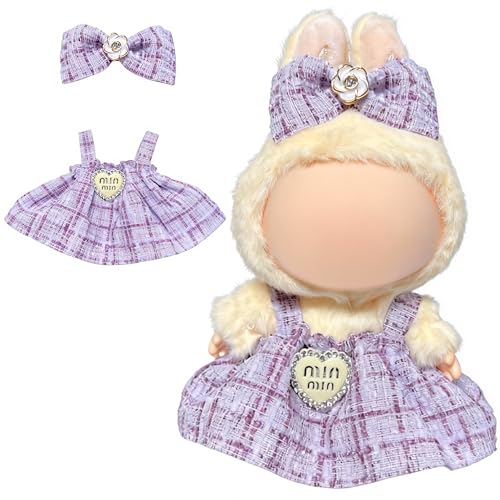 Doll Clothes for Labubu 15cm/17cm Dolls,Outfit for Labubu,Dress and Hairpin Set for Labubu Dolls Cute Stylish Dress Up Set(NO Doll) - color: Purple Check Tweed