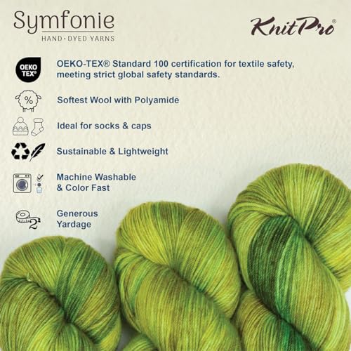 KnitPro Symfonie Fingering Weight Merino Wool Yarn 100g, Macha | 75% Extrafine Merino & 25% Polyamide, 438yds, OEKO-TEX Certified, Superwash, Colorfast, #1 Yarn Skein for Knitting & Crochet - color: Macha